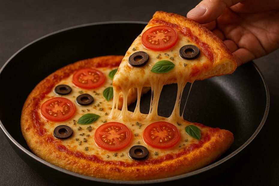 Pizza de frigideira com bordas crocantes e queijo puxando: sabor rápido e irresistível